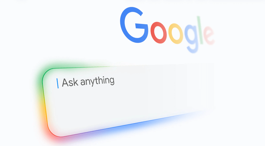 Diagram showing three steps: basic search bar, activating conversation, conversational AI interface with chatbot response about growing tomatoes